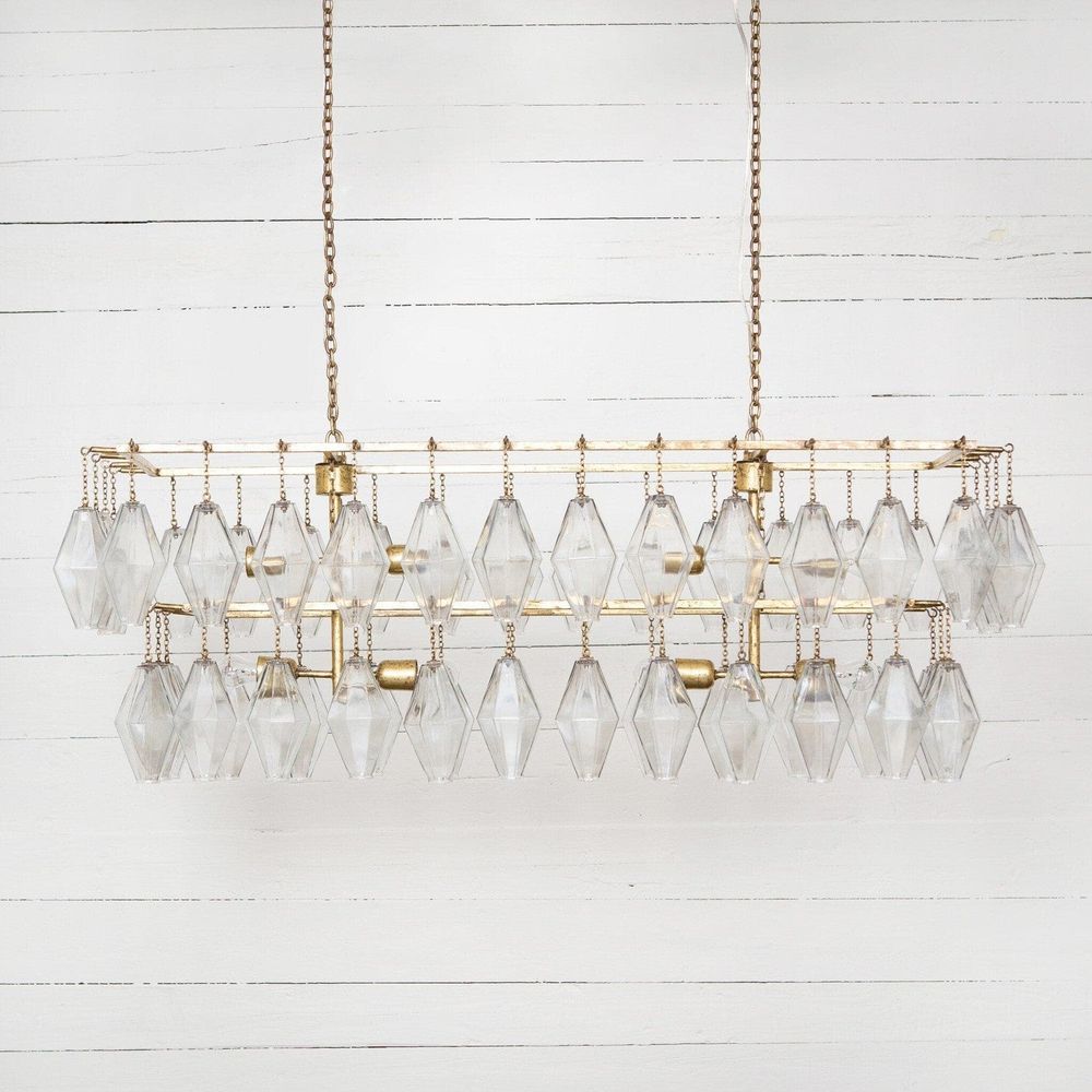 Additional view of Rosalind Rectangular Chandelier in clear and gold.