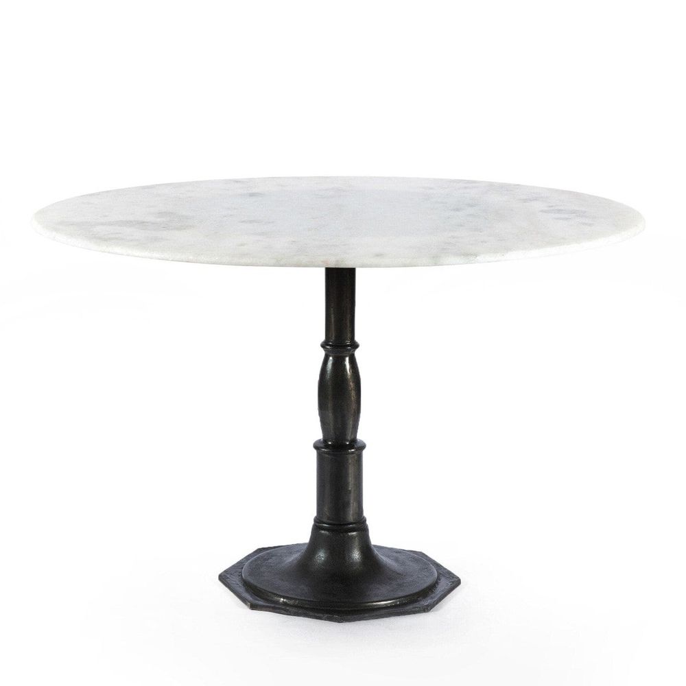 Additional view of Aiden Round Dining Table, featuring polished stone finish, marble, cast iron, and a single pedestal base.