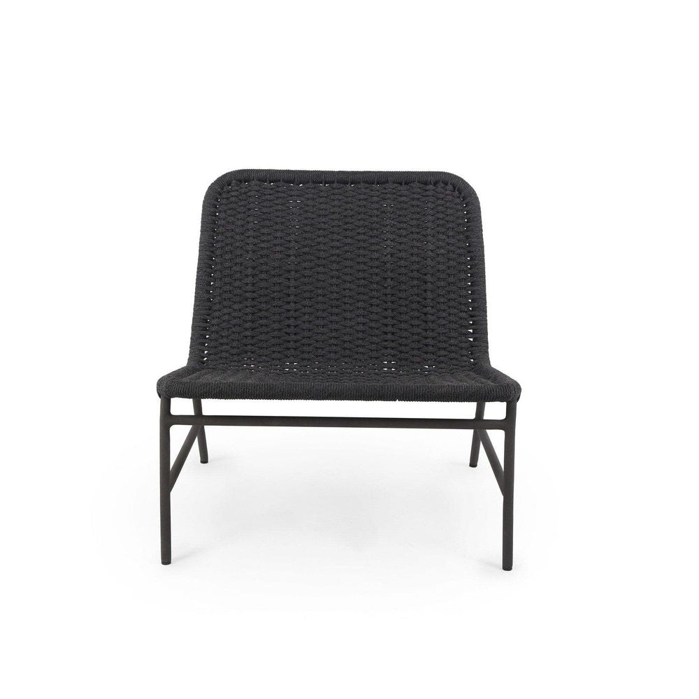 Louvre Outdoor Chair, shown in dark grey and black with polypropylene rope, aluminum, and armless open sides.
