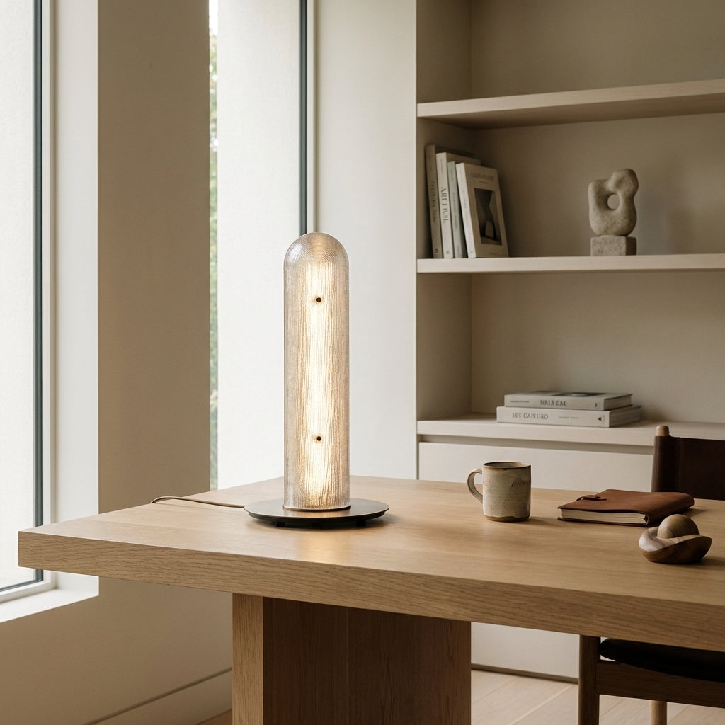 Alternate view of Zalla Tubular Table Lamp, featuring ribbed finish, textured glass, metal, and a tabletop freestanding base.