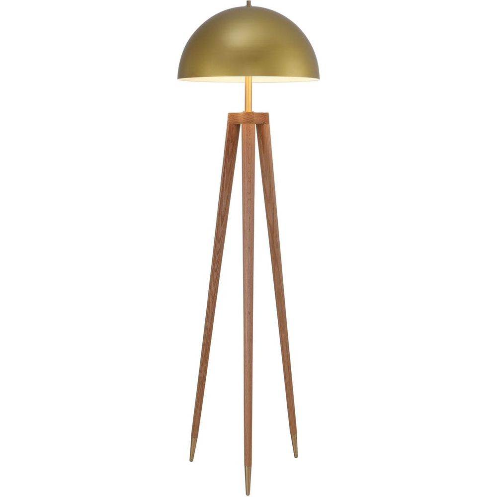 Brass Dome Floor Lamp with Wooden Tripod Base-France & Son-LM1601FBRS-Floor Lamps-1-France and Son