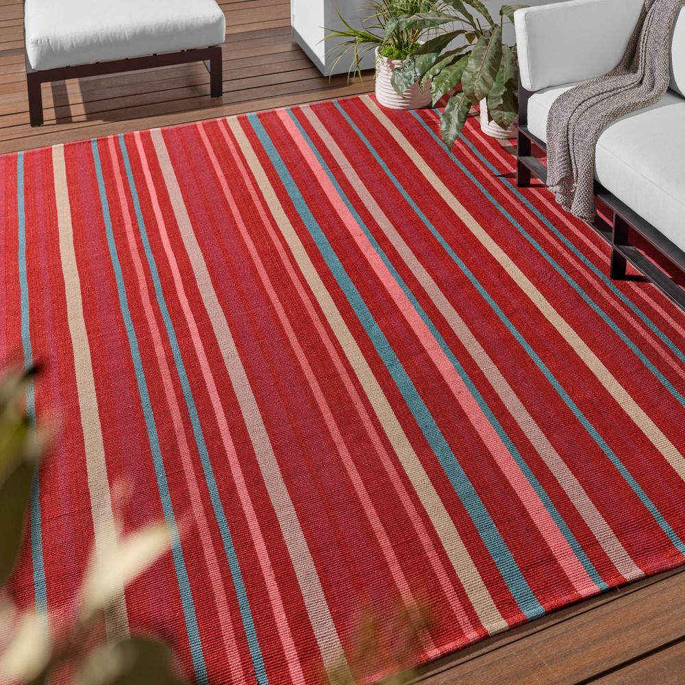 Merine Virame Handmade Striped Red/Blue Runner Rug (3'X8')