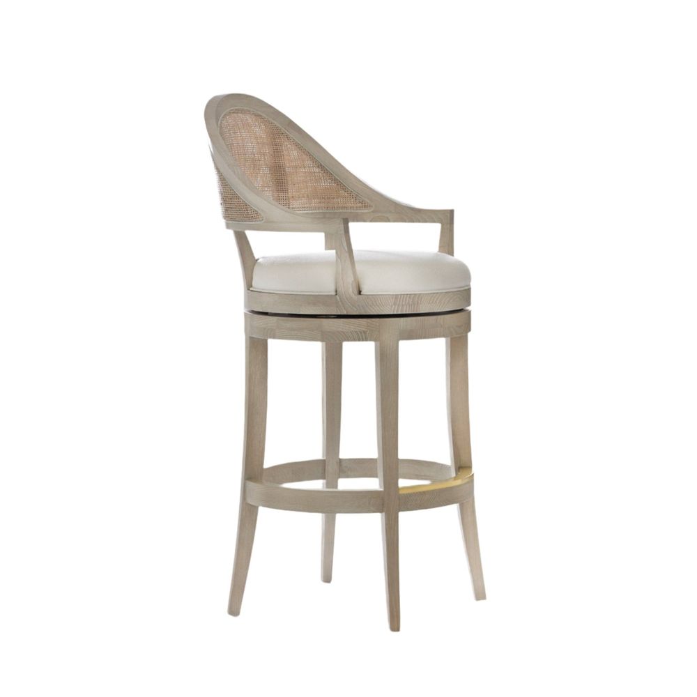 Additional view of Lyon Counter & Bar Stool, featuring upholstered cushion, wood, cane rattan, and swivel seat mechanism.