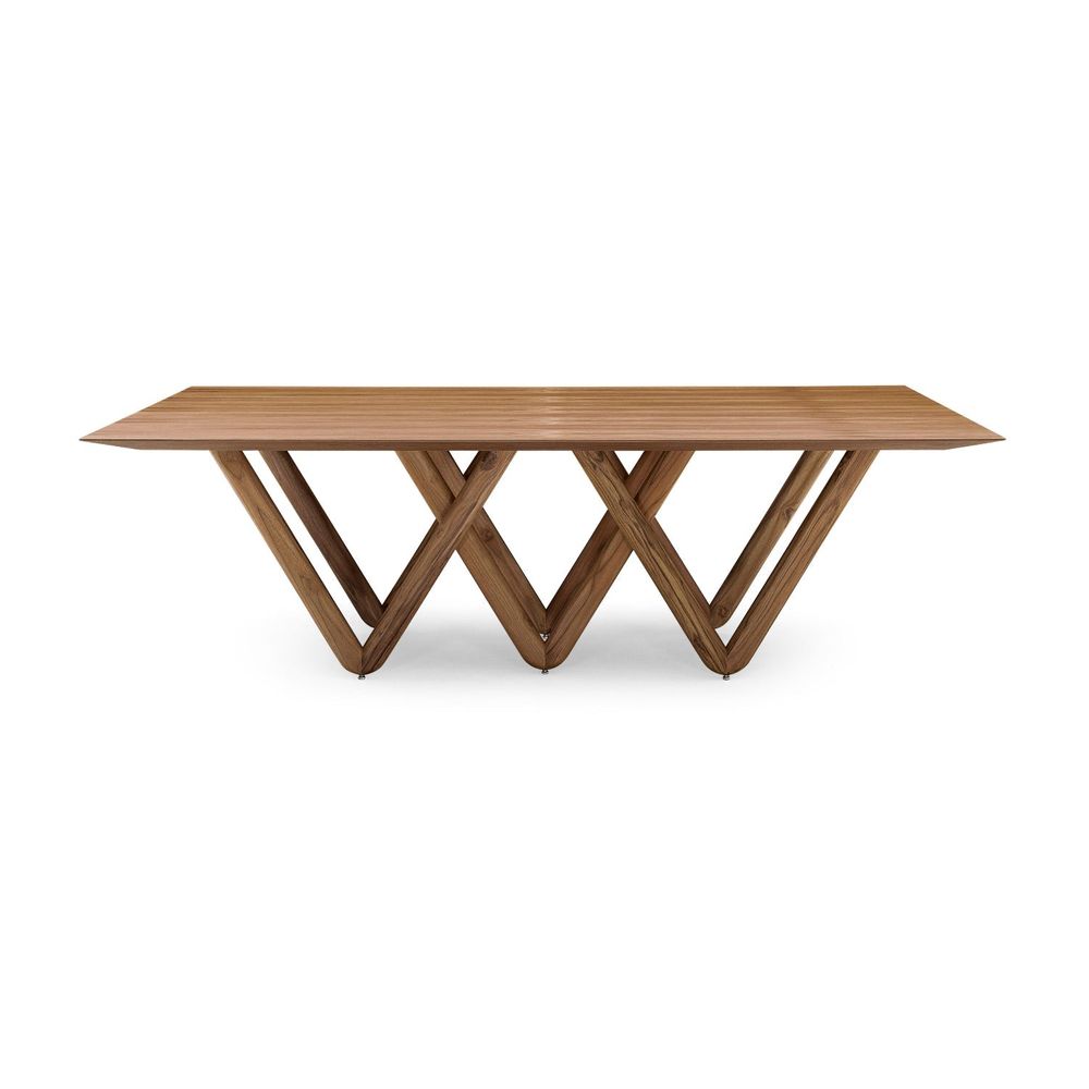 Dablio 98" Teak Dining Table, shown in medium teak brown and warm honey brown with teak wood.