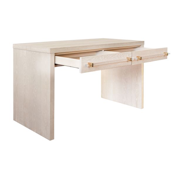 Desks Ralph - Waterfall Two Drawer Desk In Glossy White/Includes Brass & Nickel Hrdwr Options W Acrylic Rod
