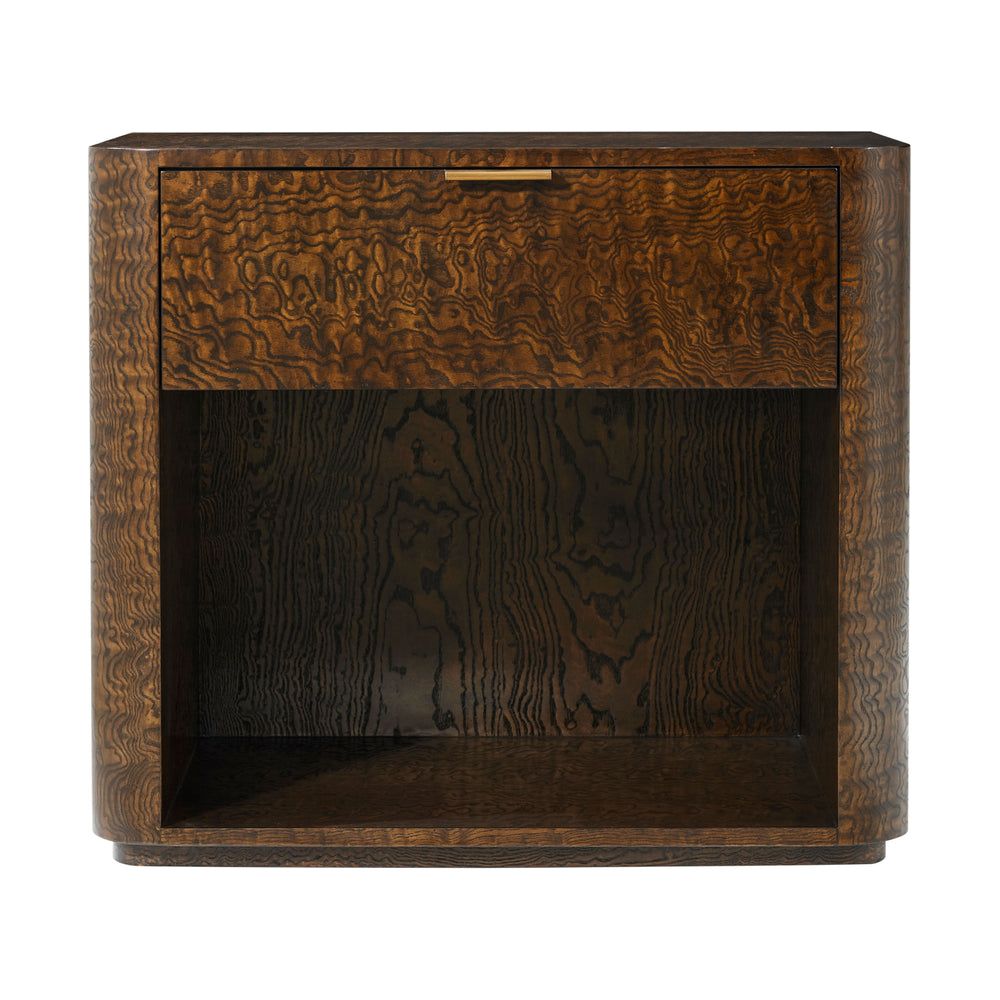 Kesden Nightstand, shown in amber brown and black with figured wood veneer and metal.