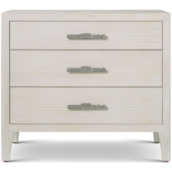 Breeze Three Drawer Nightstand, shown in off-white and light beige with wood, metal, and three full-extension drawers.