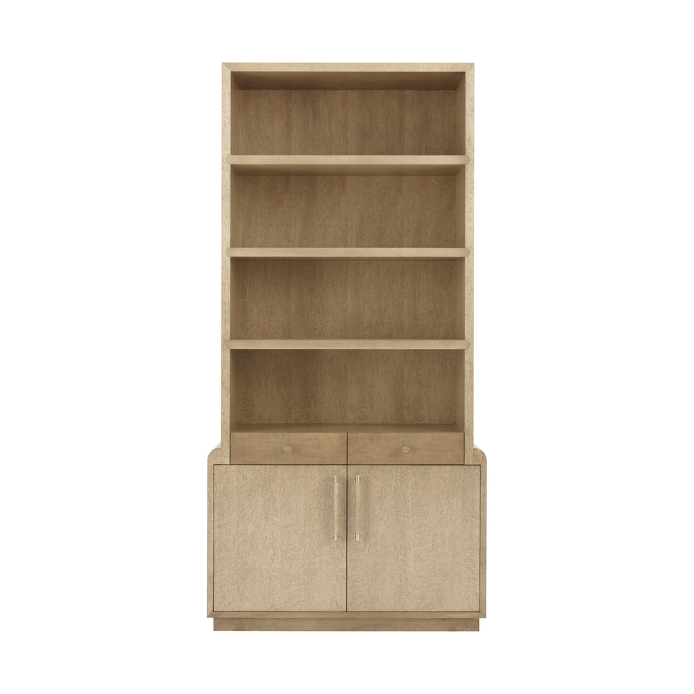 Origins Bookcase, shown in light beige and warm taupe with burl wood veneer, wood, and three open upper shelves.