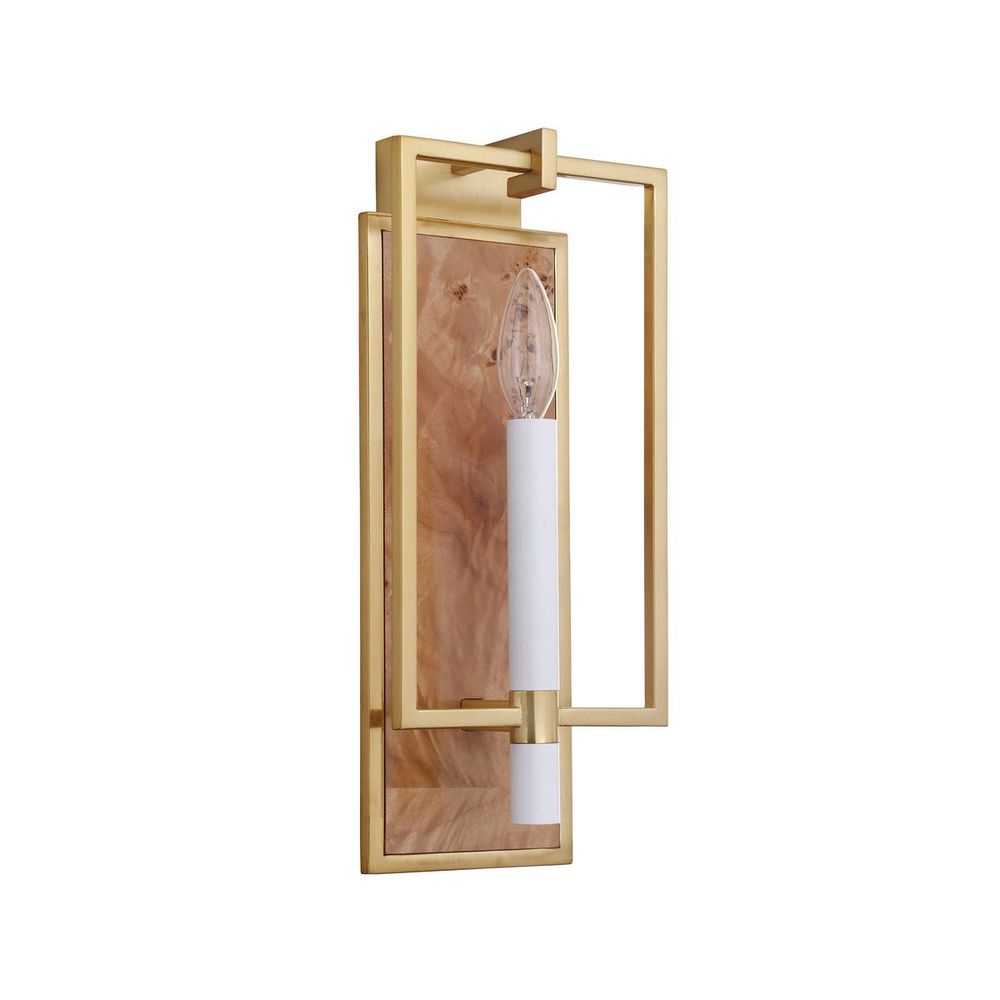 Wall Lighting Taurus - Candlestick Sconce With Rectangular Burl Wood Backplate And Open Brushed Brass Rectangle Frame