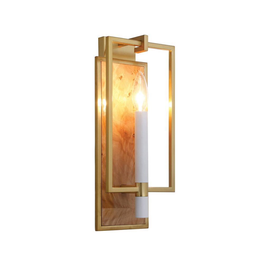 Wall Lighting Taurus - Candlestick Sconce With Rectangular Burl Wood Backplate And Open Brushed Brass Rectangle Frame