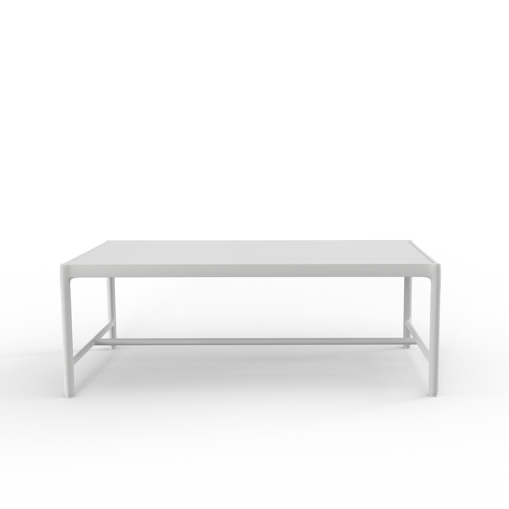 Sabbia Outdoor Coffee Table, shown in white and light gray with aluminum, metal, and a slatted top surface.