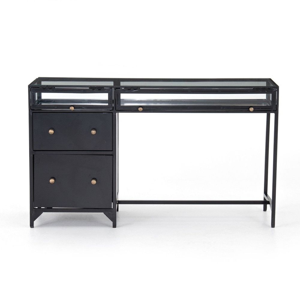 Augustus Desk, shown in black with iron, glass, and glass-top display enclosure with hinged lids.