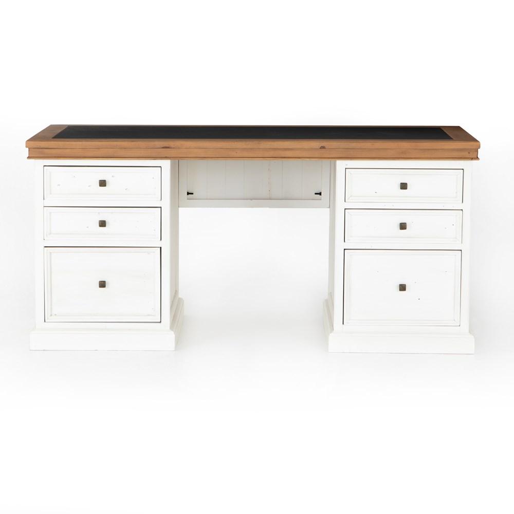 Cintra Executive Desk, shown in white and natural wood brown with wood and leather or faux-leather inset.