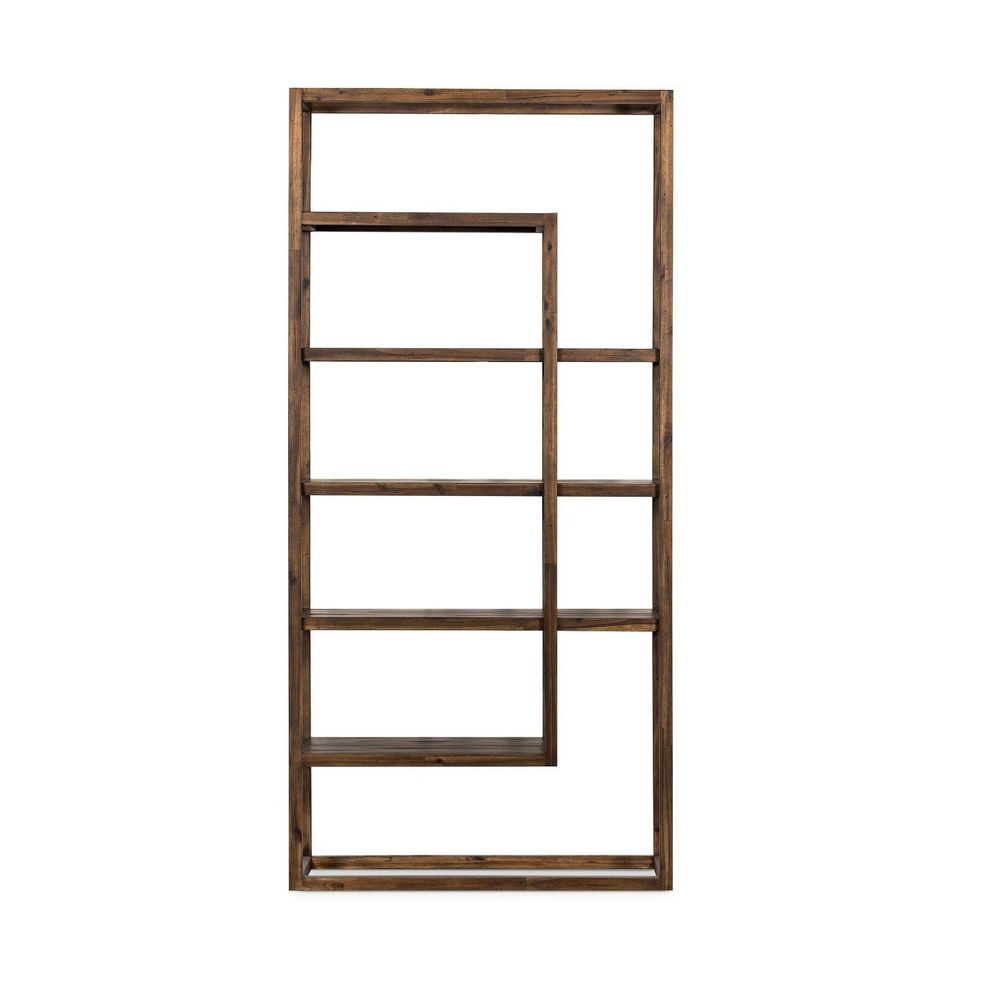 Catalina Bookshelf, shown in harvest brown and medium walnut brown with solid acacia wood and a open étagère frame.