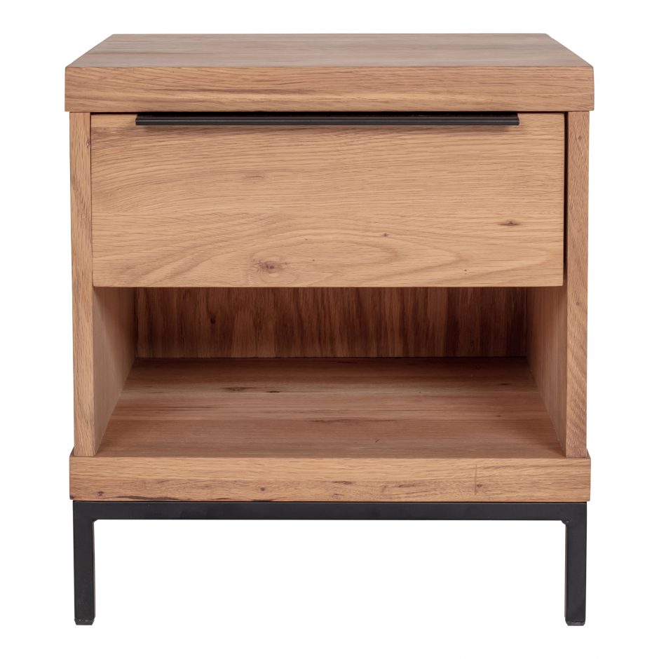 Montego One Drawer Nightstand, shown in light natural oak wood with solid wood and metal.