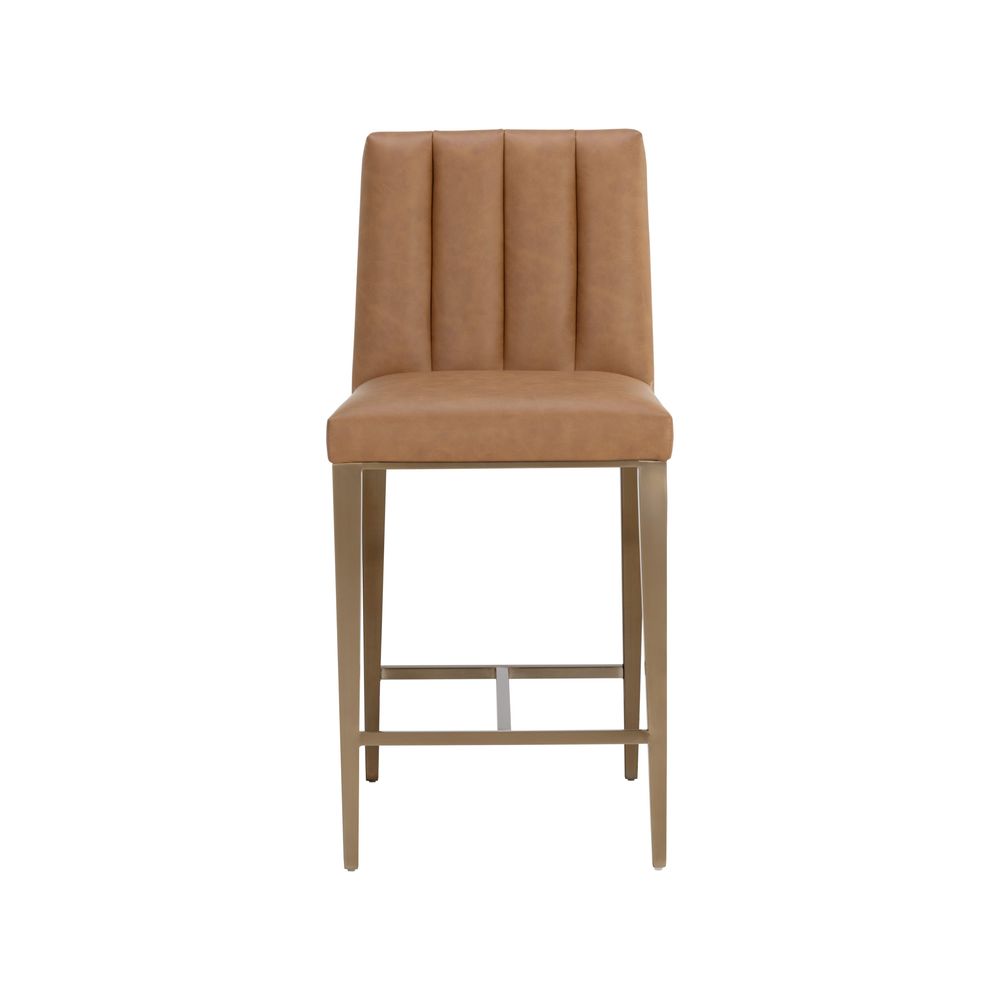 Wilbur Counter Stool, shown in cognac and tan with faux leather, metal, and integrated footrest.