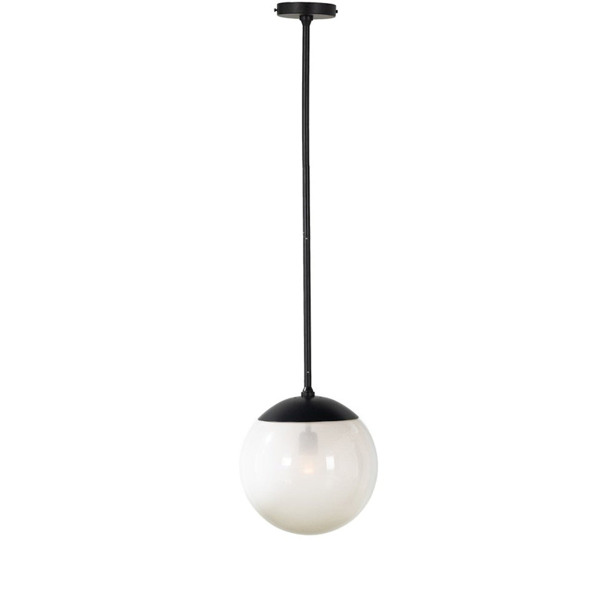 Detail of the Sutton Small Pendant black metal stem and globe cap