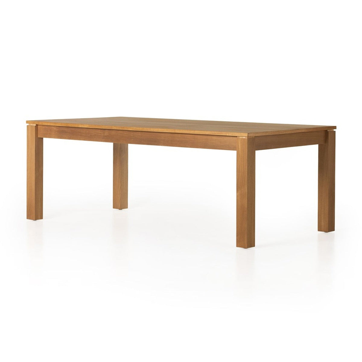 End view of the Timur dining table showing the natural teak veneer tabletop and legs