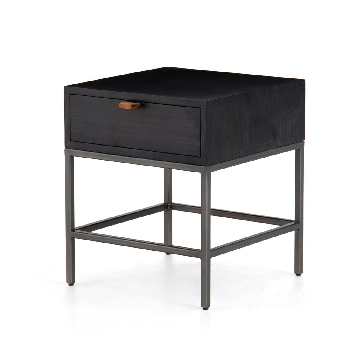Four Hands Trey End Table in black wash poplar with natural iron base and toffee leather pull
