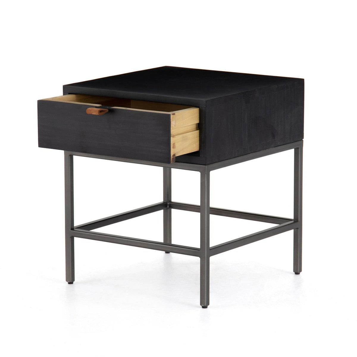 Detail of the Trey End Table wood cabinet, natural iron base and toffee leather pull