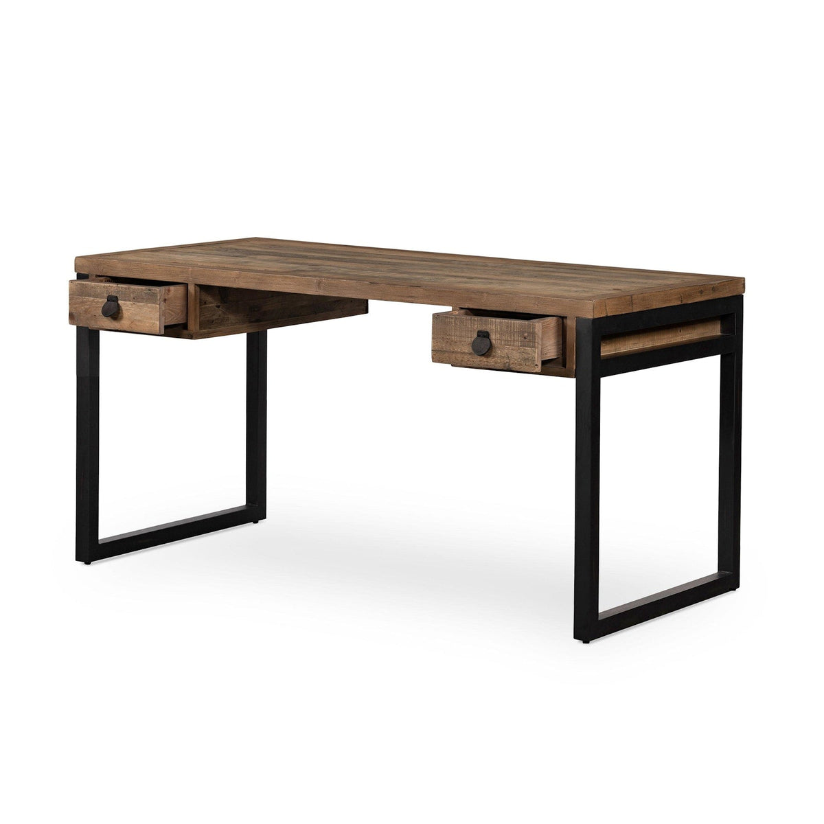 Close-up of the Woodenforge Desk reclaimed wood drawer and dark metal pull
