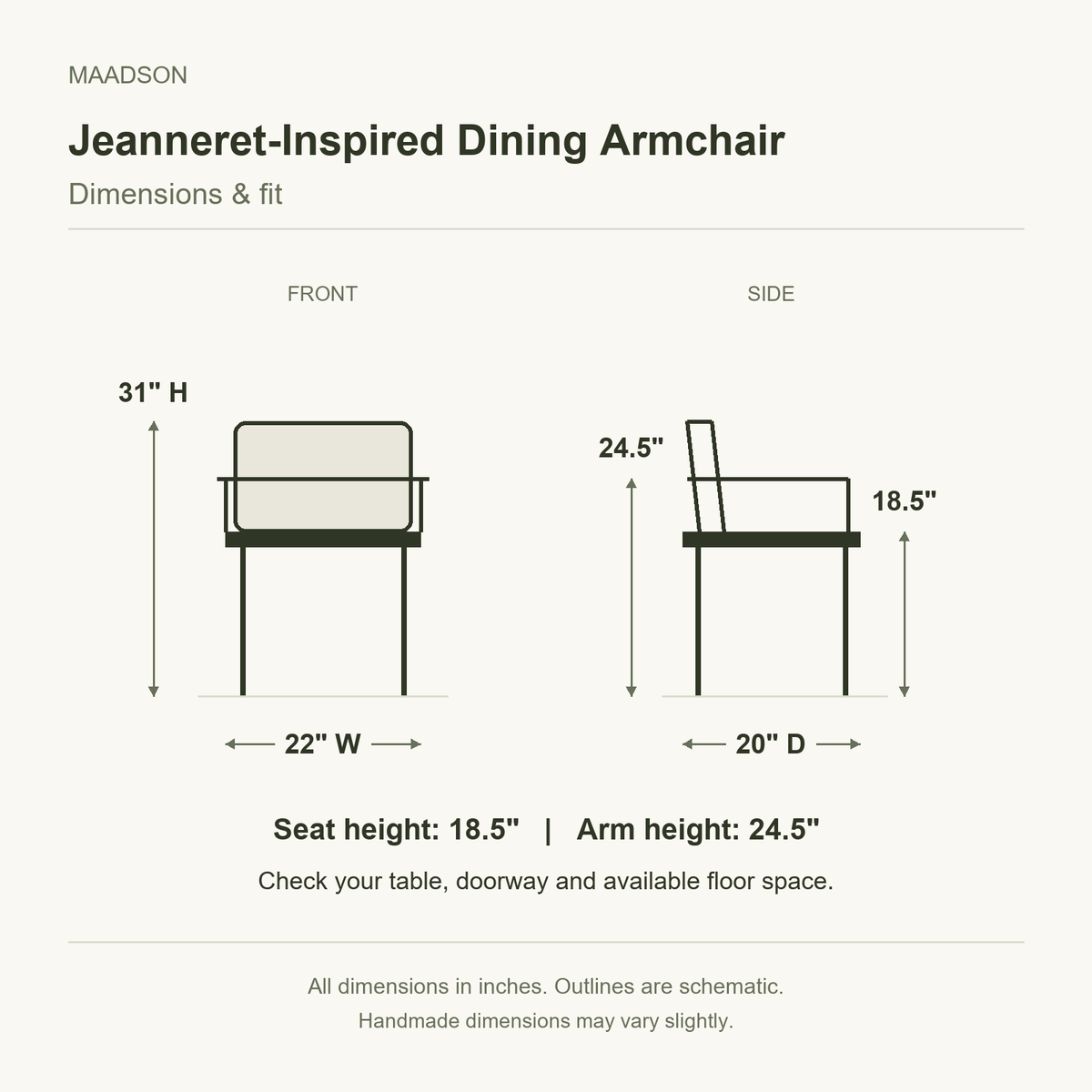 Jeanneret-inspired dining armchair schematic size guide: 22 inches wide, 20 inches deep, 31 inches high; seat height 18.5 inches and arm height 24.5 inches