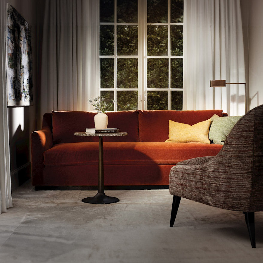 Sophia Slope Arm Mohair Sofa with Bench Seat - Cinnamon/Ebony