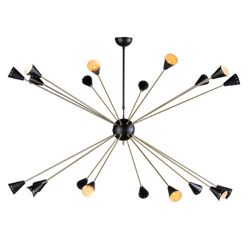 Sputnik chandelier with black cone shades and radiating arms