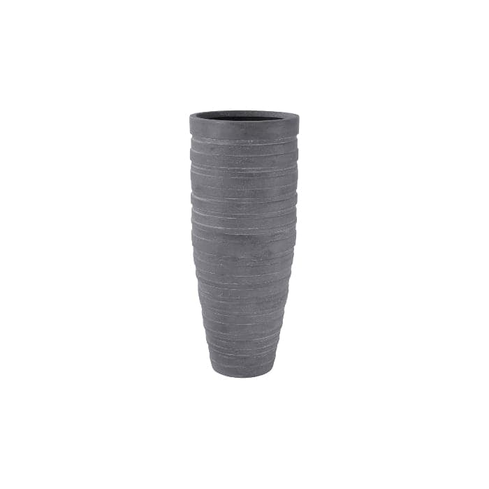 June Slim Planter, shown in charcoal gray and medium gray with concrete-look composite and stone-textured resin.