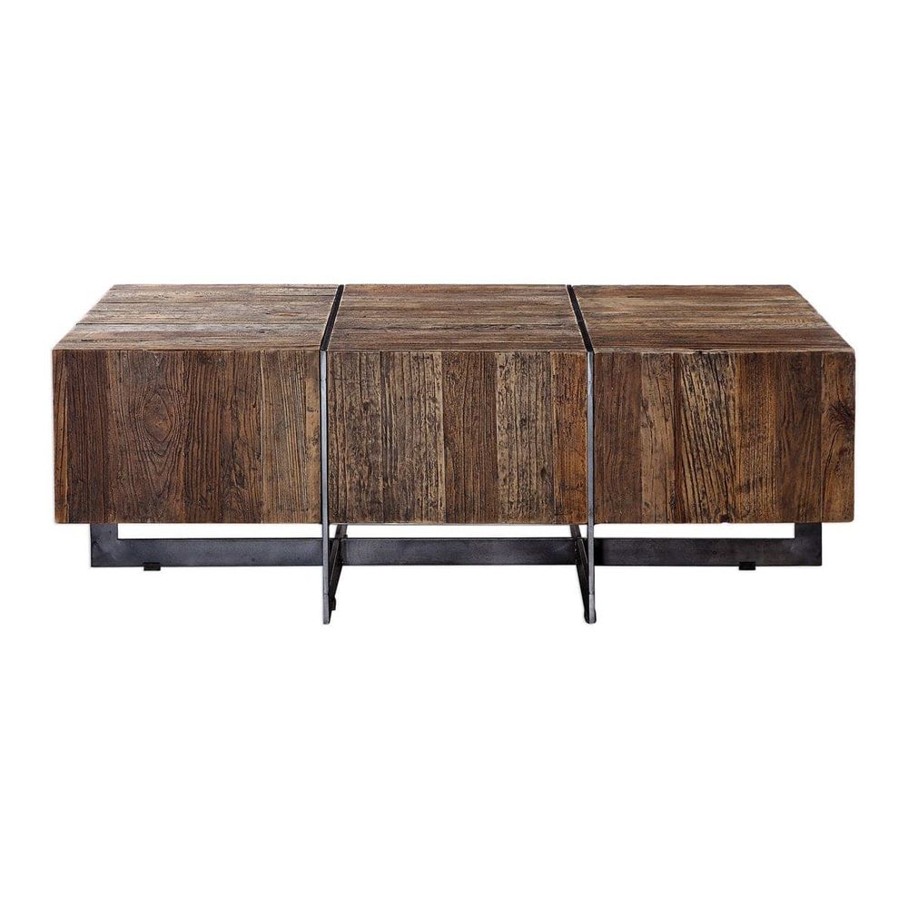 Connell Coffee Table, shown in dark brown and espresso brown with wood, reclaimed wood, and fixed solid wood top surface.