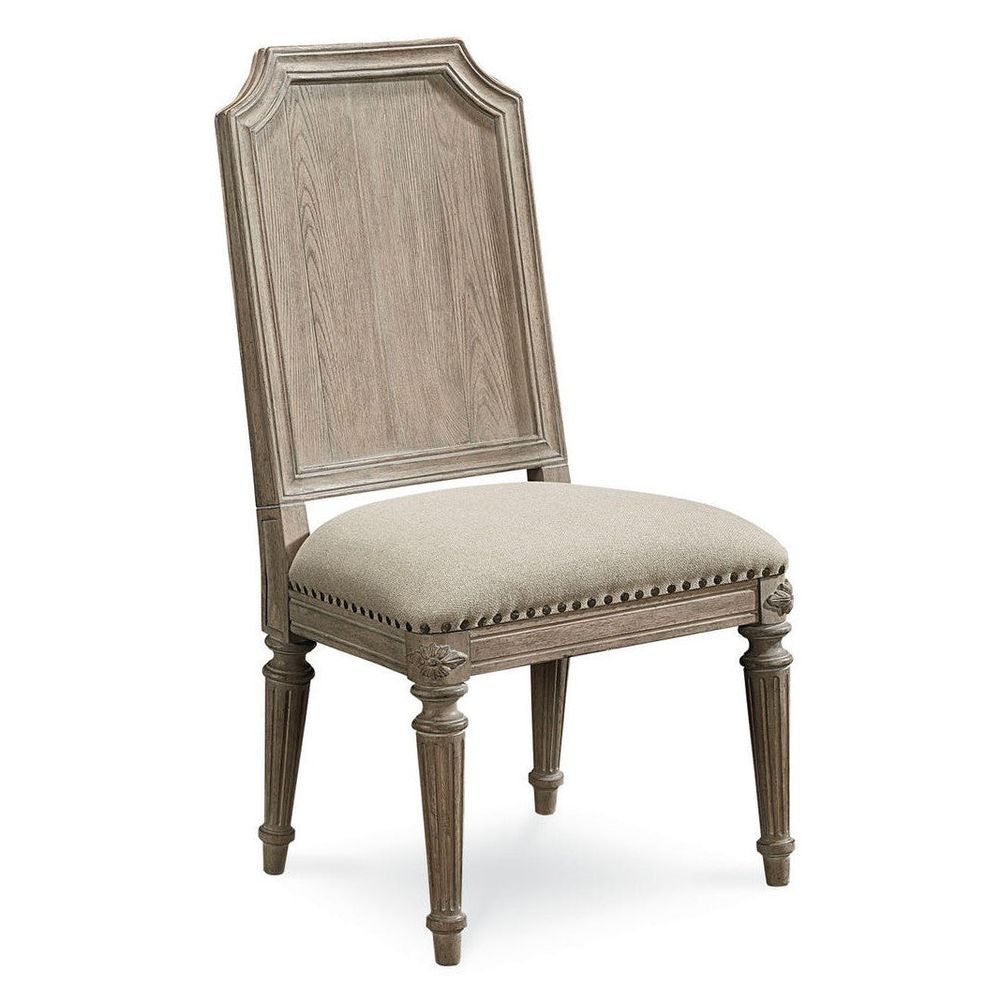 Arch Salvage Mills Side Chair, shown in greige and beige with wood, fabric, and armless.